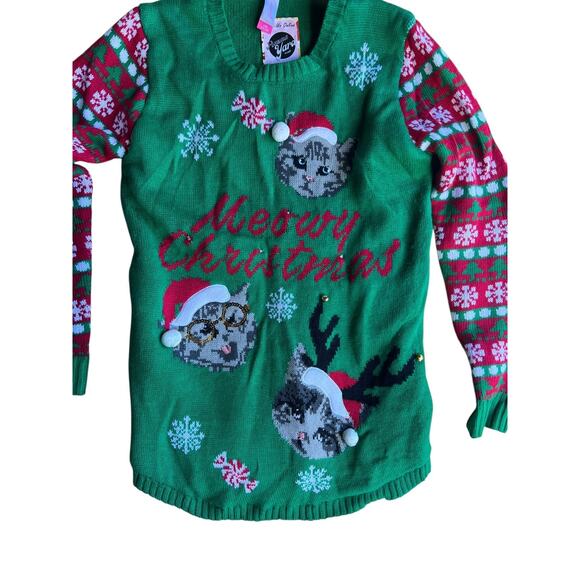 No Boundaries Women's Ugly Christmas light up Cat Sweater Green Large (11-13) - Picture 2 of 6